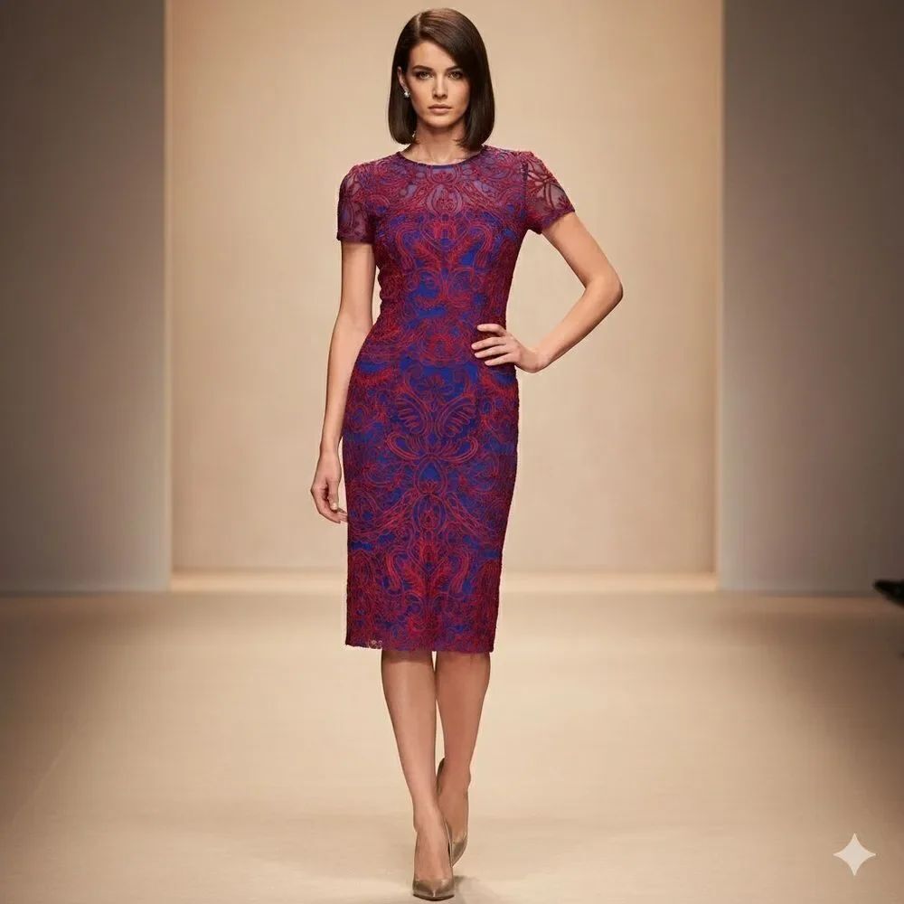 Women Red Blue J.S. Collections Soutache Chiffon Cocktail Embroidery Dress Sz 2